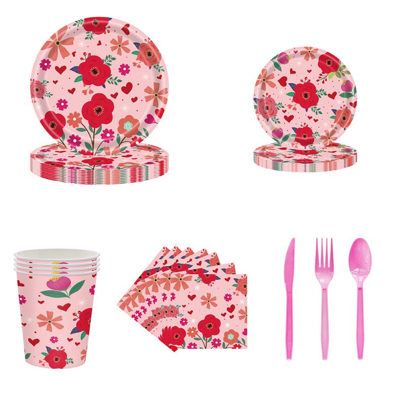 Fashion Valentines Day Pink Floral Set Paper Printed Disposable Paper Plates Cups Paper Towels Tableware Set