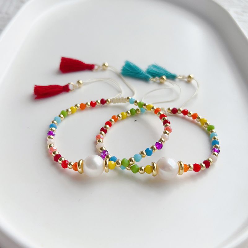Pulsera De Borlas De Perlas Con Cuentas De Cristal De Colores