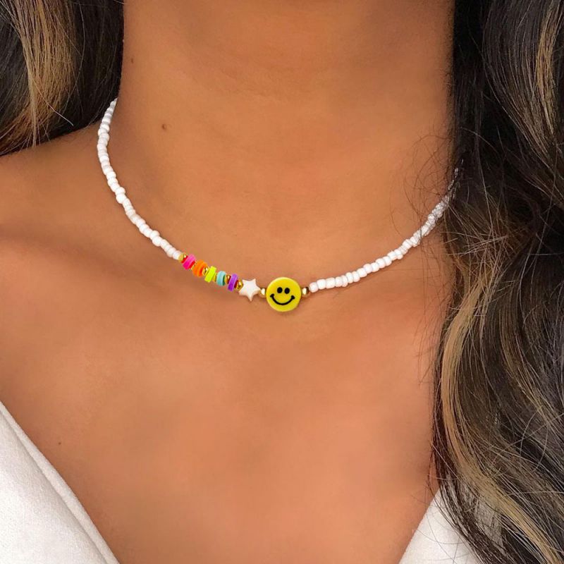 Collar De Cara Sonriente Estrella De Cinco Puntas Con Cuentas Y Conchas De Arroz