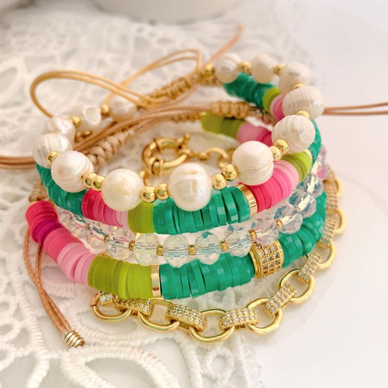Conjunto De Pulsera Con Cuentas De Perlas De Cristal De Arcilla Polimérica Multicapa