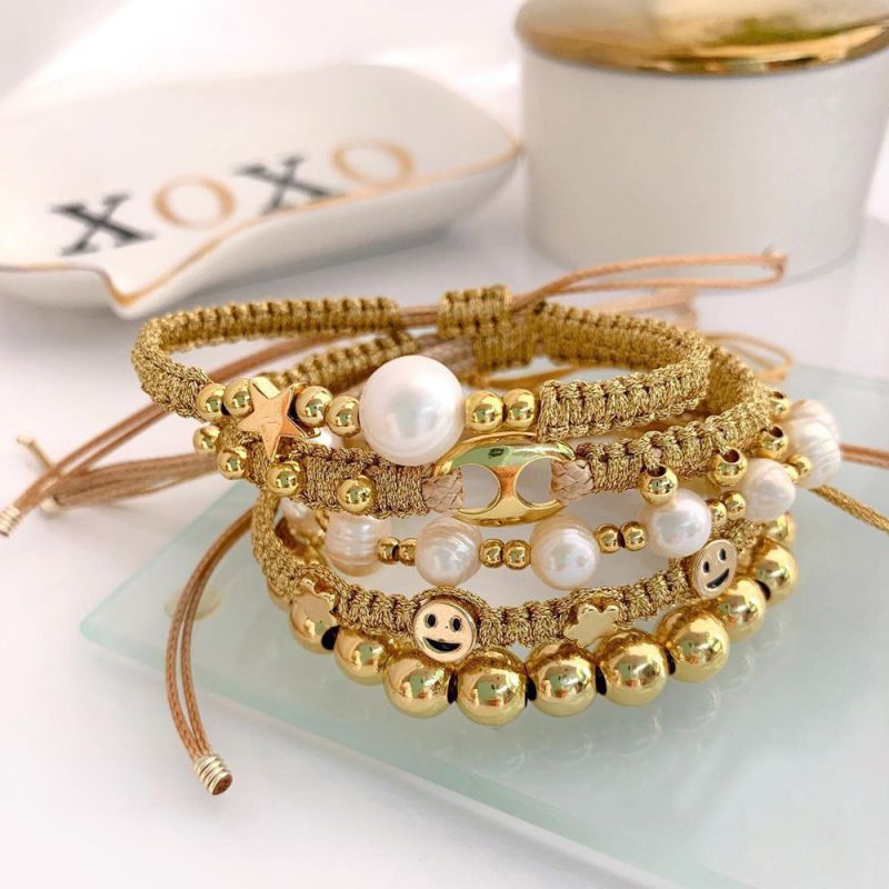 Conjunto De Pulsera De Nariz De Cerdo Trenzada Con Cuentas De Perlas De Oro