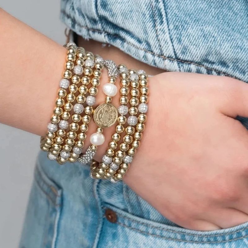 Pulsera De Cuentas De Oro Con Bolas De Diamantes Geométricos