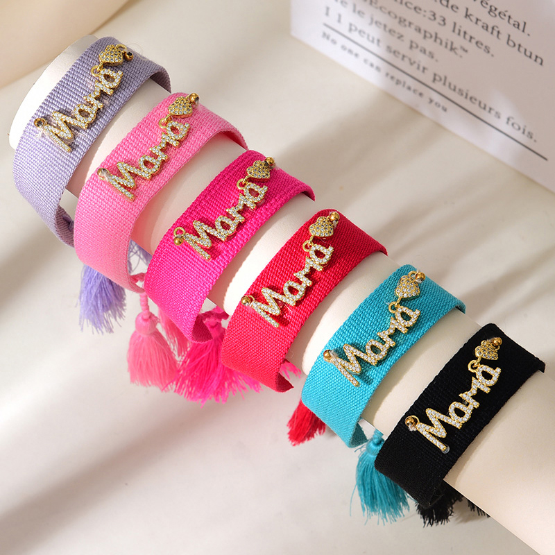 Pulsera De Borla Trenzada Con Letras De Circonio Con Incrustaciones De Cobre Mama Love