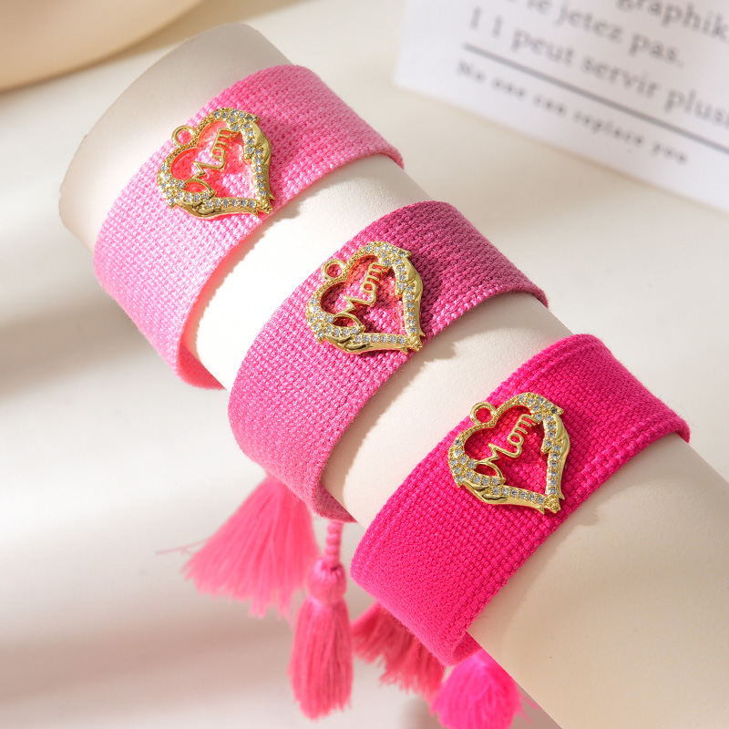 Pulsera De Borla Trenzada Con Letra De Circón Con Incrustaciones De Cobre Mom Love