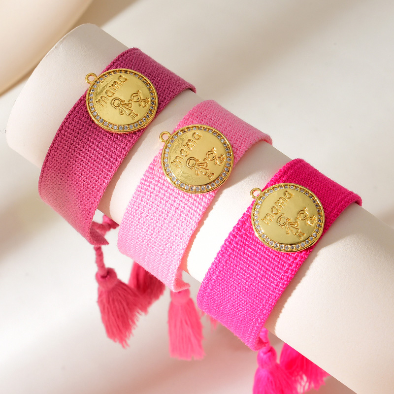 Pulsera De Borla Trenzada Mama Con Letras Redondas De Dibujos Animados De Circón Con Incrustaciones De Cobre