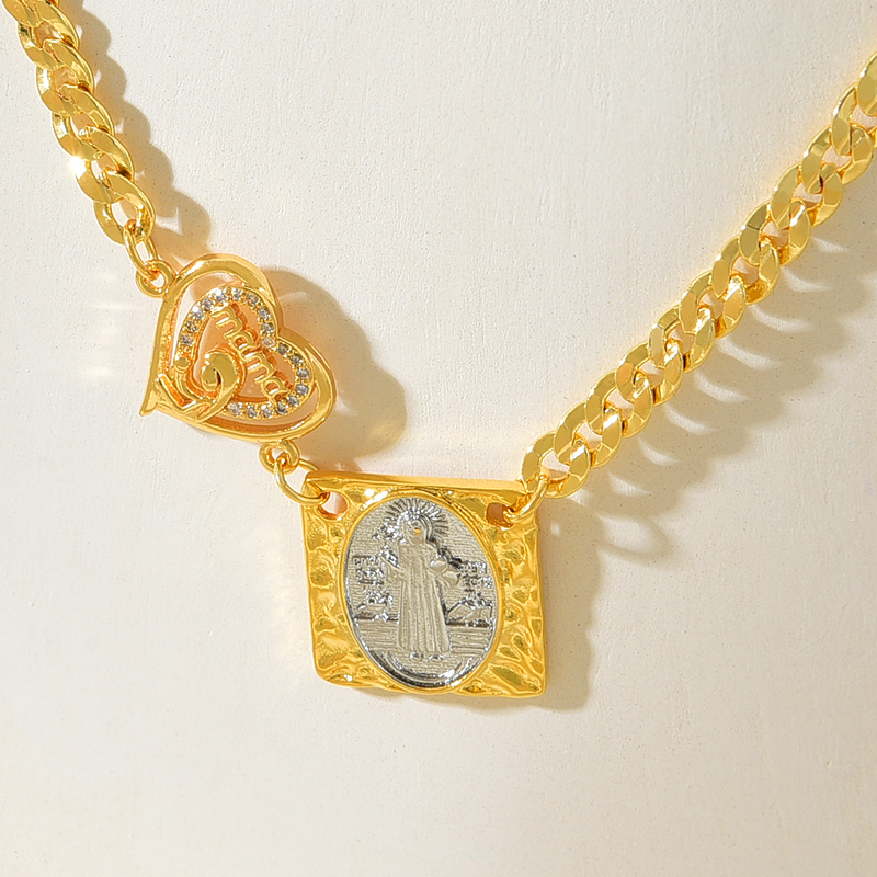 Collar De Cadena Gruesa Con Colgante De Retrato Cuadrado De Mamá Con Letra De Amor De Circón Con Incrustaciones De Cobre