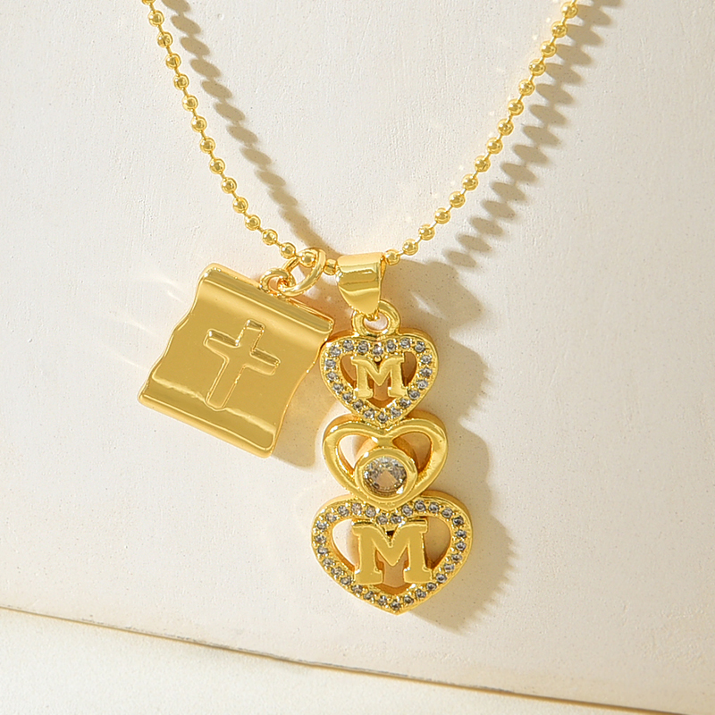 Collar De Cuentas Con Colgante De Cruz De Mamá Y Letra De Corazón De Circón Con Incrustaciones De Cobre
