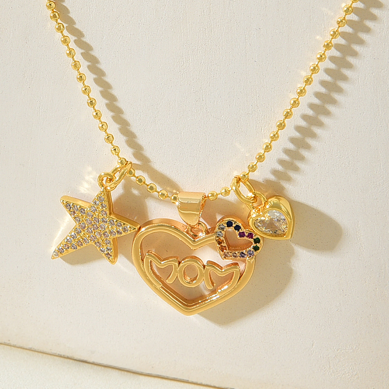Collar De Cuentas Con Colgante De Estrella De Cinco Puntas Con Letras De Corazón De Circón Con Incrustaciones De Cobre