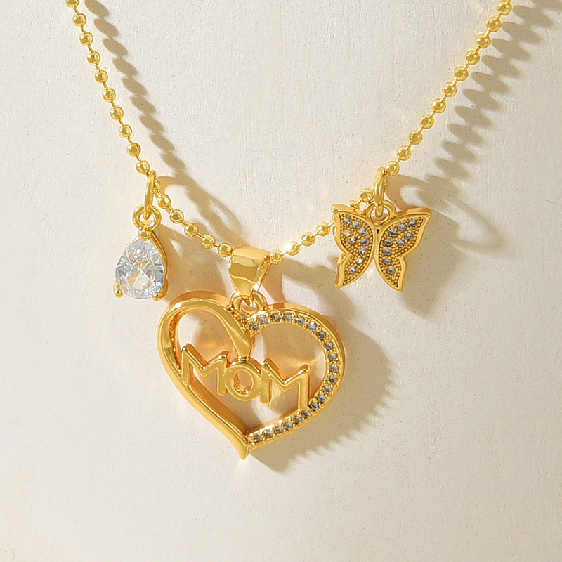 Collar De Cuentas Con Colgante De Mariposa Y Letra De Corazón De Circón Con Incrustaciones De Cobre