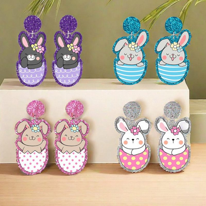 Pendientes De Conejo De Huevo De Pascua Floral Acrílico