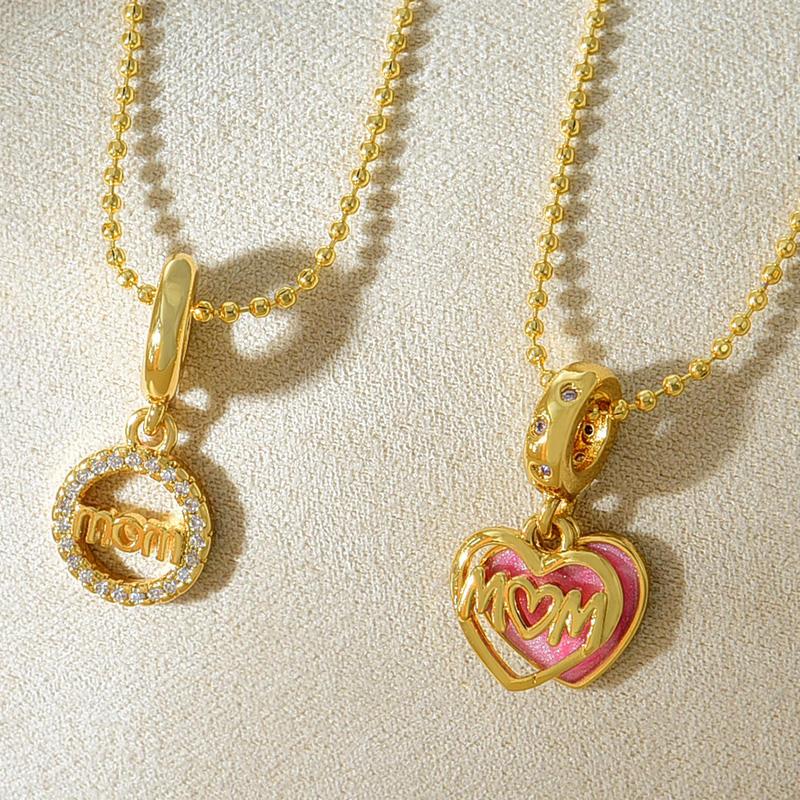 Fashion Gold Copper Set Zirconia Round Letter Mom Pendant Bead Necklace
