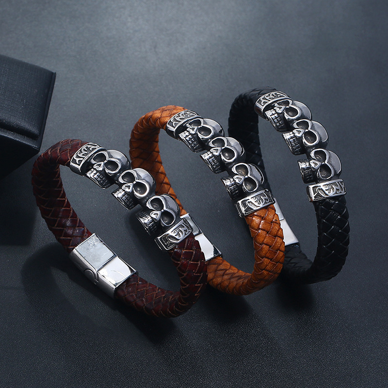 Fashion Light Brown 22.5cm Stainless Steel Skull Leather Braided Men's Bracelet