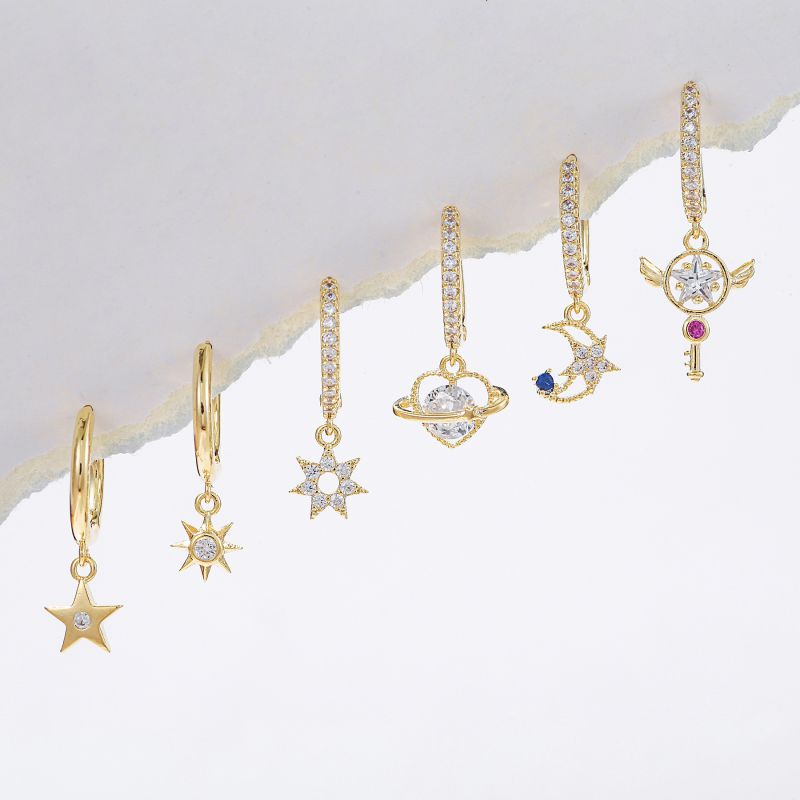 Fashion Silver Copper Inlaid Zirconium Star And Moon Earring Set
