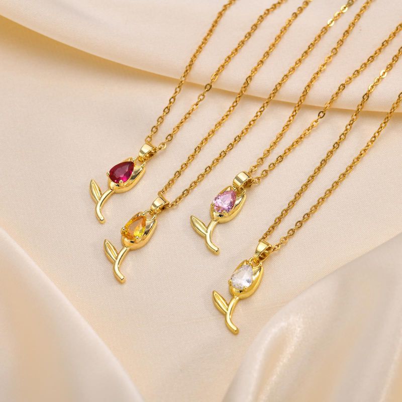 Fashion Rose Red Copper Set Zirconium Tulip Necklace