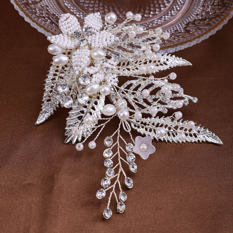 Pinza Para El Pelo Con Forma De Hoja Trenzada Y Perlas De Diamantes De Imitación