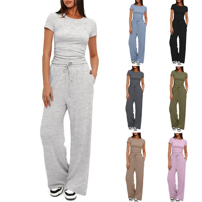 Fashion Black Polyester Round Neck Short Sleeve Wide Leg Lace Up Trousers Suit