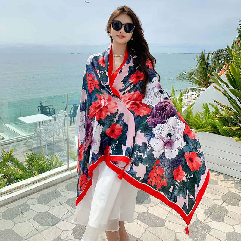 Fashion Red Edge Cotton Printed Shawl