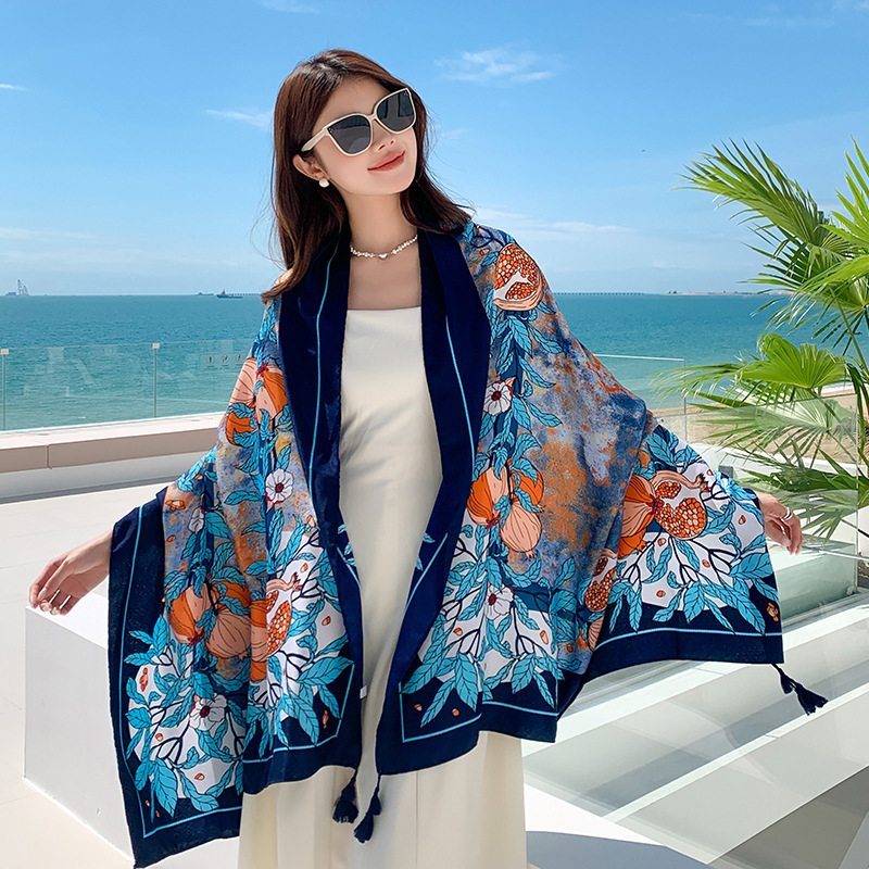 Fashion Navy Edge Cotton Printed Shawl