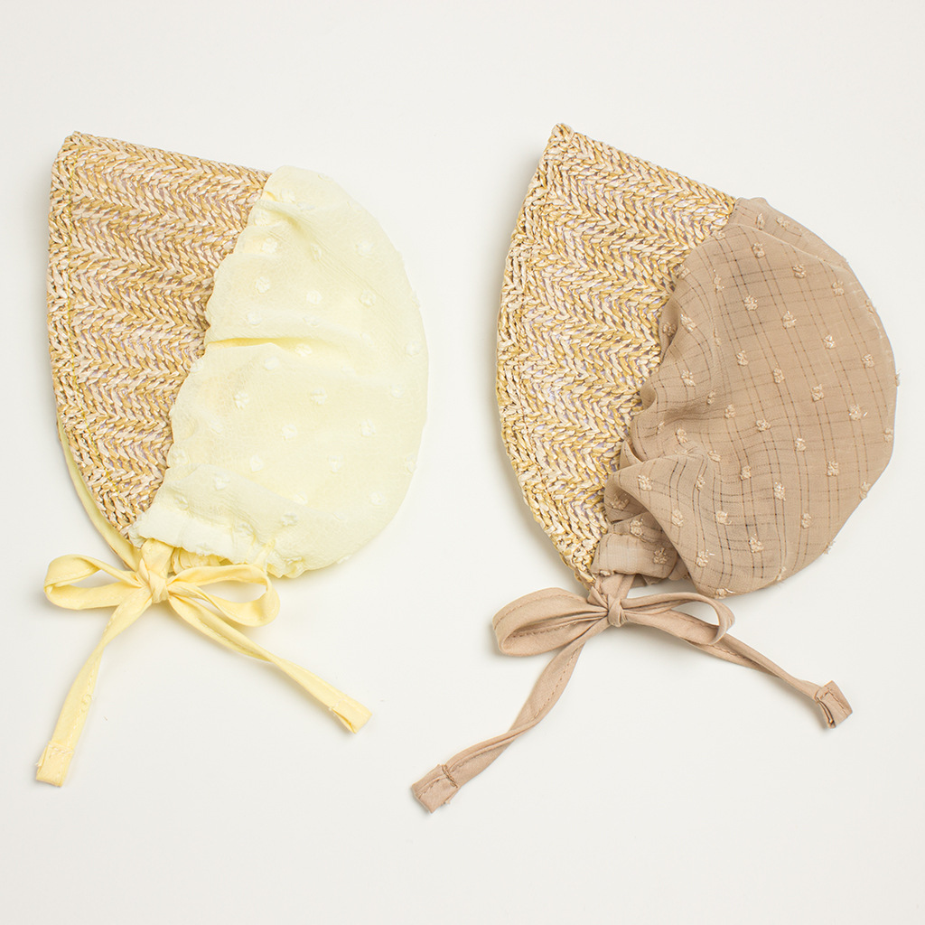 Capucha Infantil De Tejido De Paja Patchwork Con Cordones
