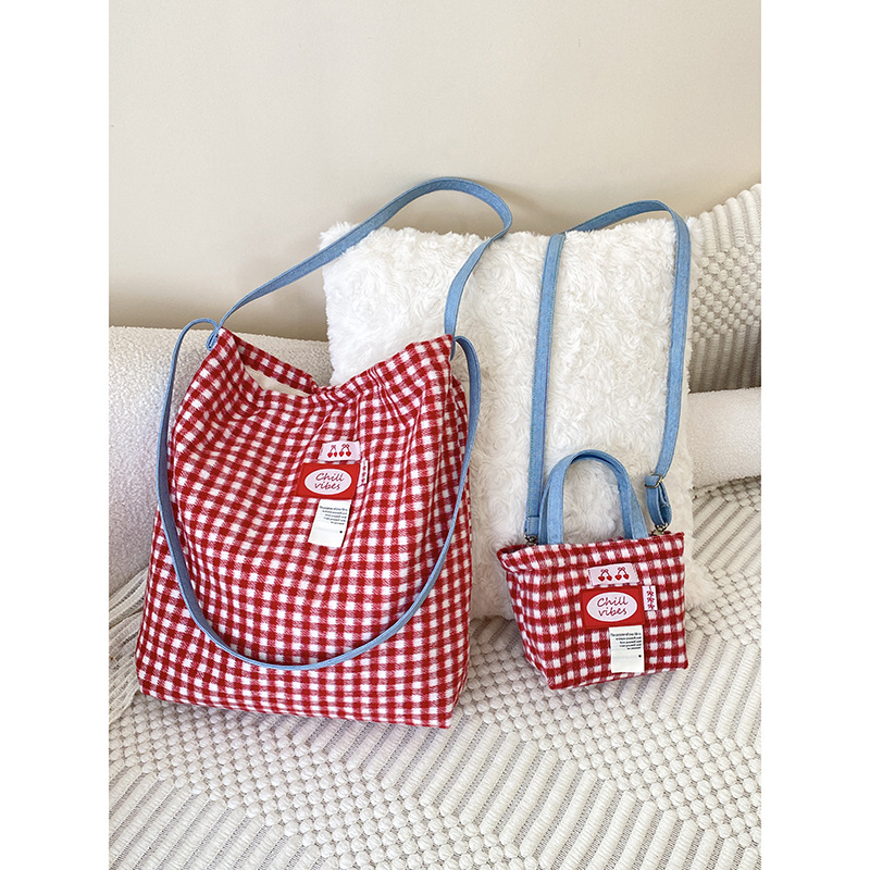 Fashion Cherry Label Red Plaid Wool Shoulder Crossbody Canvas Plaid Large Capacity Shoulder Bag