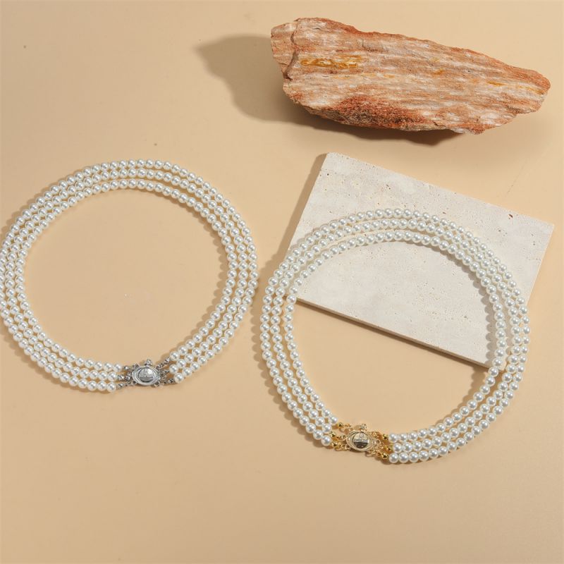 Collar De Perlas Multicapa De Cobre Bañado En Oro