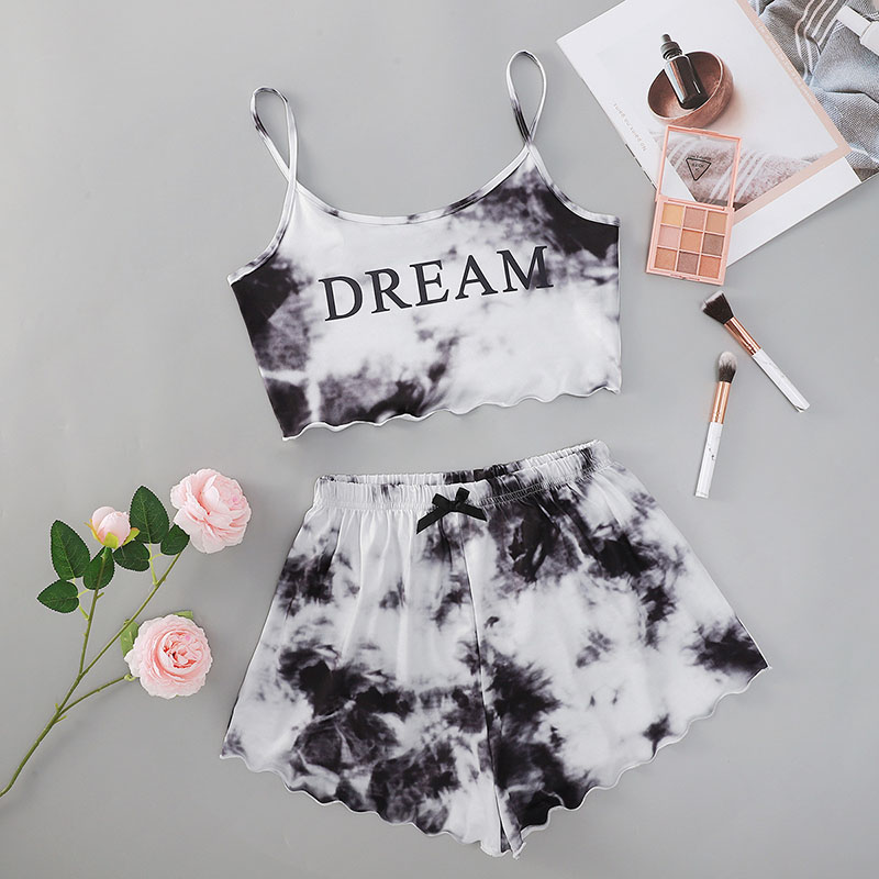 Fashion Grey Milk Silk Tie-dye Letter Suspender Shorts Two-piece Set