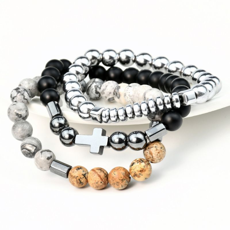 Fashion Color Metal Black Bile Beaded Cross Men's Bracelet Set