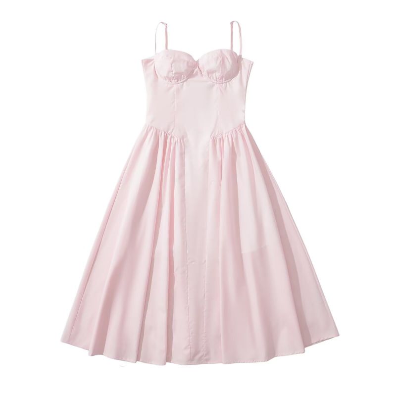 Fashion Pink Cotton High Hem Suspender Knee-length Skirt