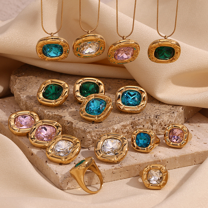 Fashion Earrings-gold-blue Zirconium Stainless Steel Gold Plated Diamond Rounded Square Zircon Stud Earrings