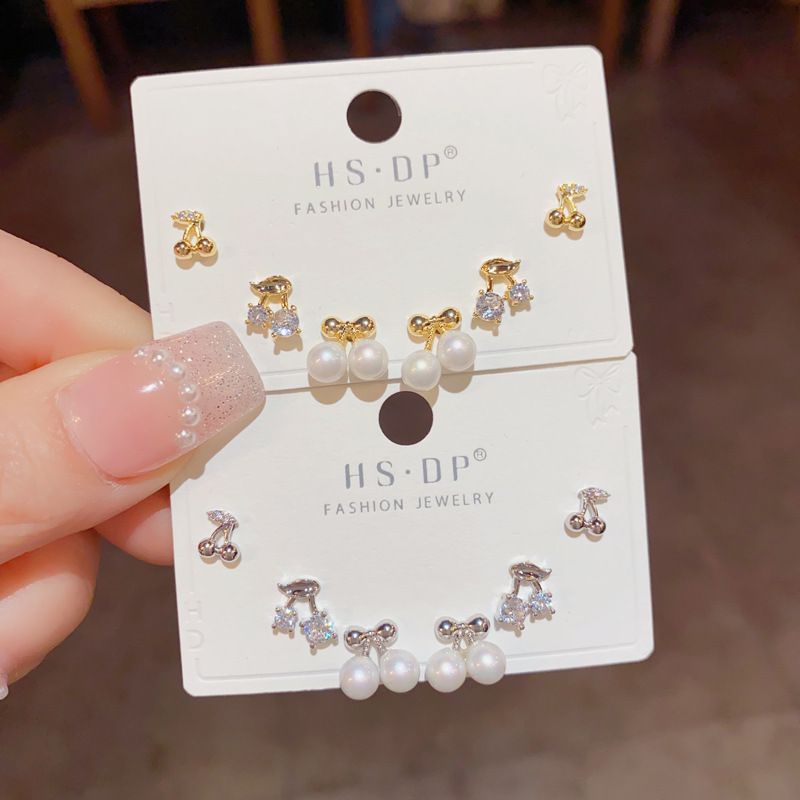 Fashion Silver-pearl Cherry Three-piece Set Of Earrings (thick Real Gold To Preserve Color) Copper Inlaid Zirconium Geometric Earring Set