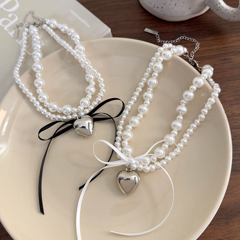 Collar Con Lazo En Forma De Corazón Con Cuentas Y Perlas Multicapa