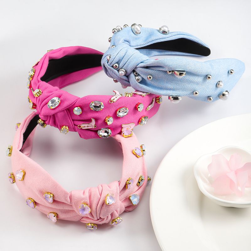 Fashion Pink Fabric Diamond-encrusted Knotted Wide-brimmed Headband