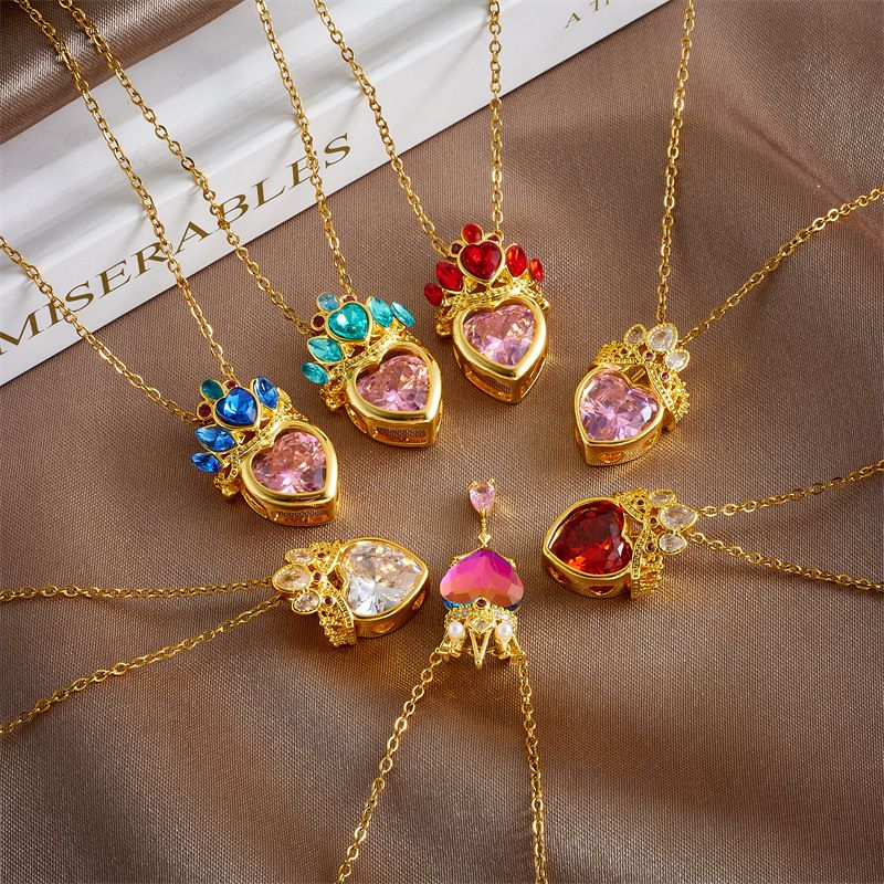 Fashion Crown Pink A274 Copper Inlaid Zirconium Love Necklace