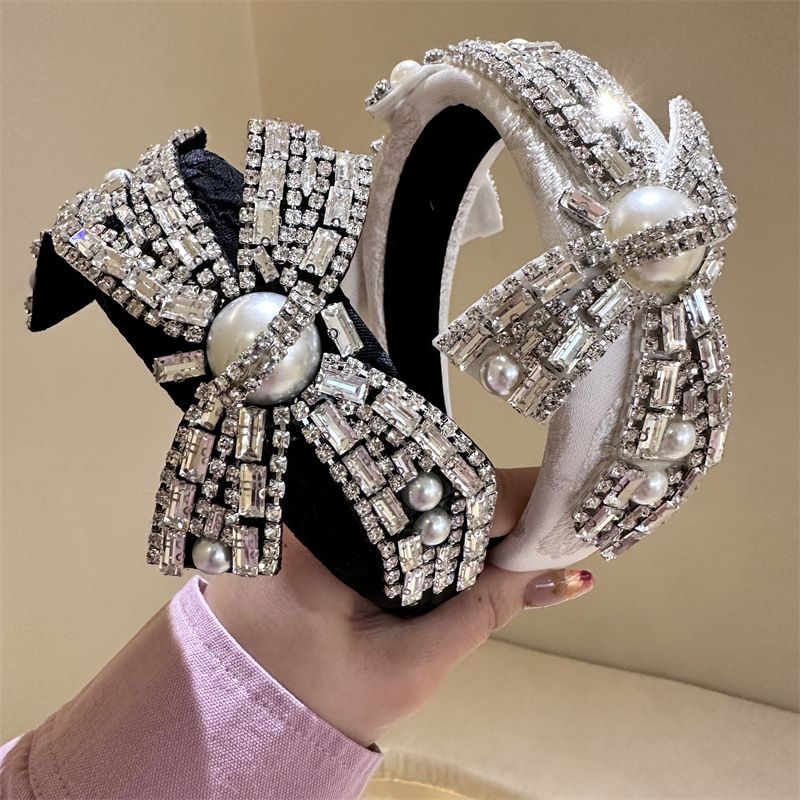 Fashion White Rhinestone Bow Wide-brimmed Headband