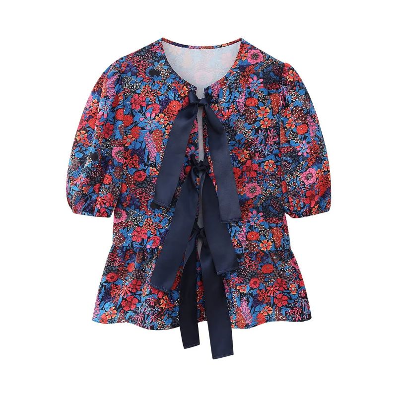 Fashion Red Polyester Printed Lace-up Top