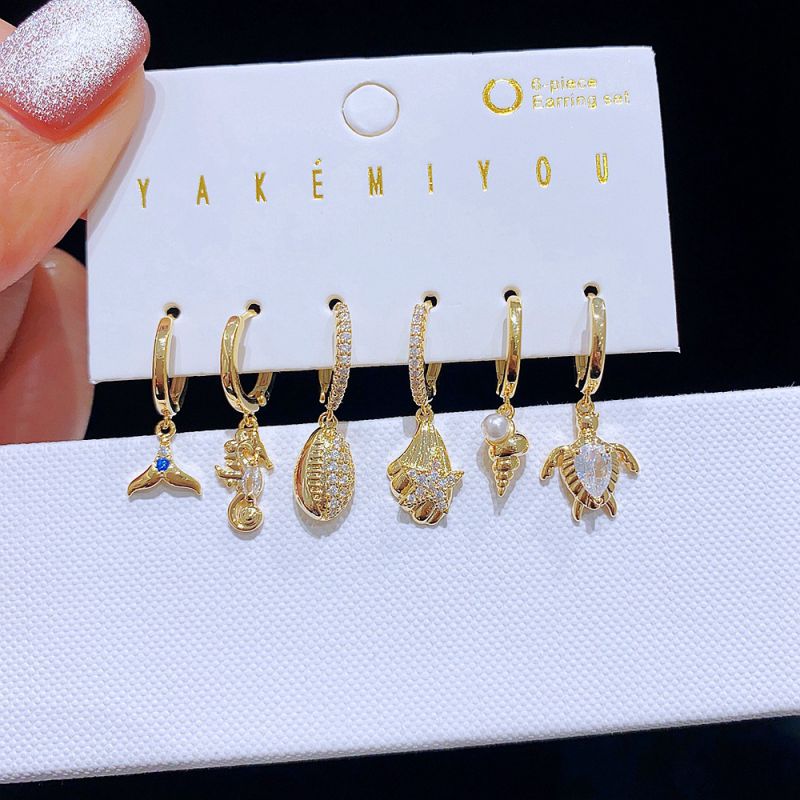 Fashion Gold Copper Inlaid Zirconium Geometric Earring Set