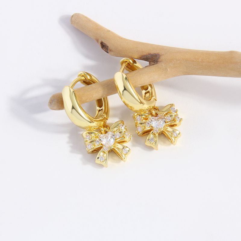 Fashion Gold Copper Inlaid Zirconium Bow Earrings