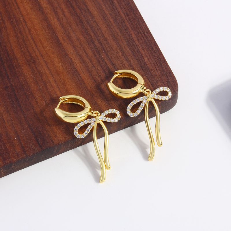Fashion Gold Copper Diamond Bow Earrings