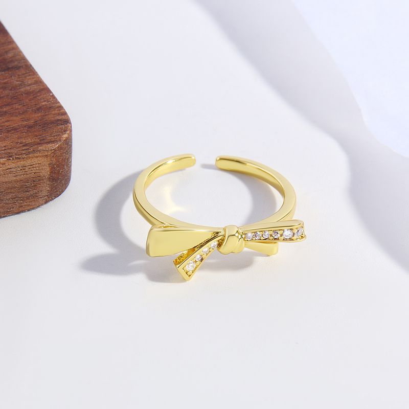 Fashion Gold Copper Inlaid Zirconium Bow Open Ring