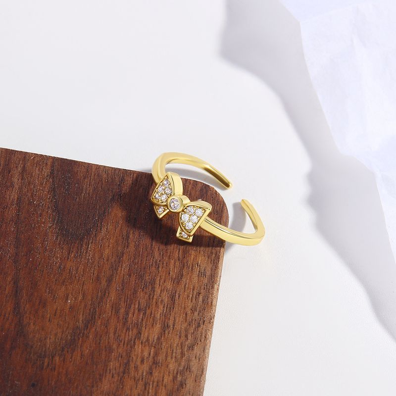 Fashion Gold Copper Inlaid Zirconium Bow Open Ring