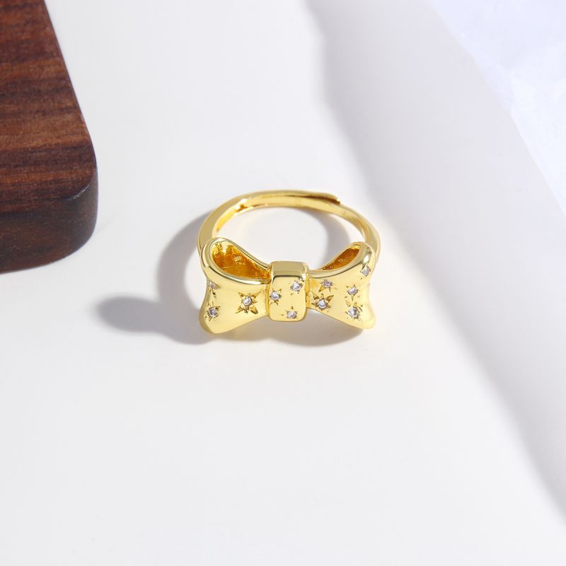 Fashion Gold Copper Inlaid Zirconium Bow Open Ring