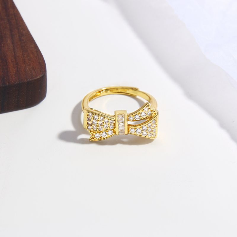 Fashion Gold Copper Inlaid Zirconium Bow Open Ring