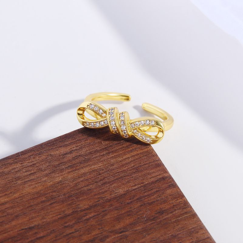 Fashion Gold Copper Inlaid Zirconium Bow Open Ring