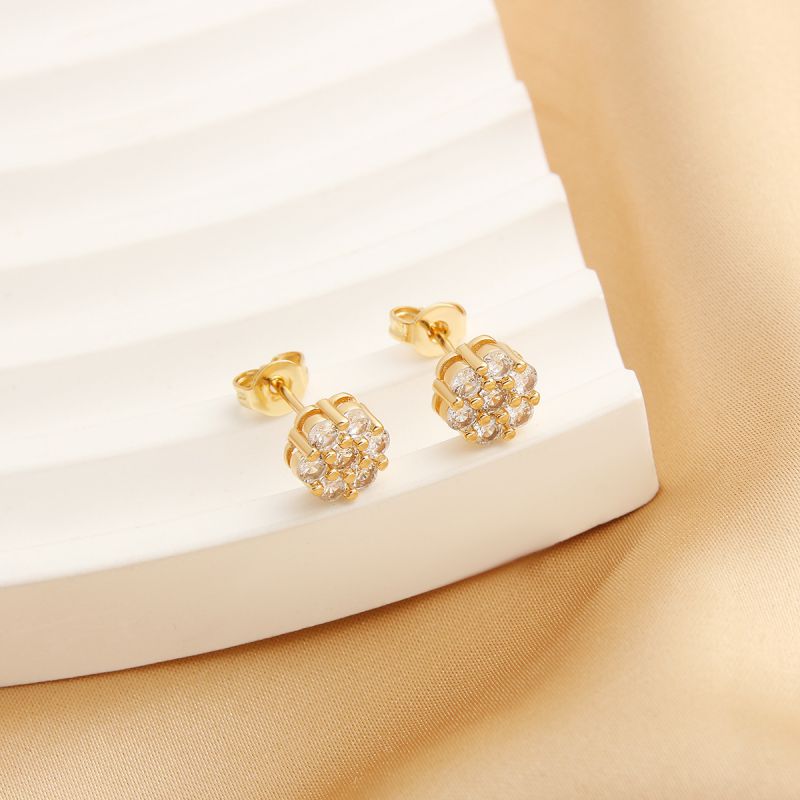 Fashion Champagne Gold Trumpet Copper Diamond Flower Stud Earrings