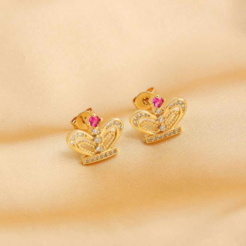 Fashion Champagne Gold White Zirconium Copper Set With Diamond Hollow Crown Earrings
