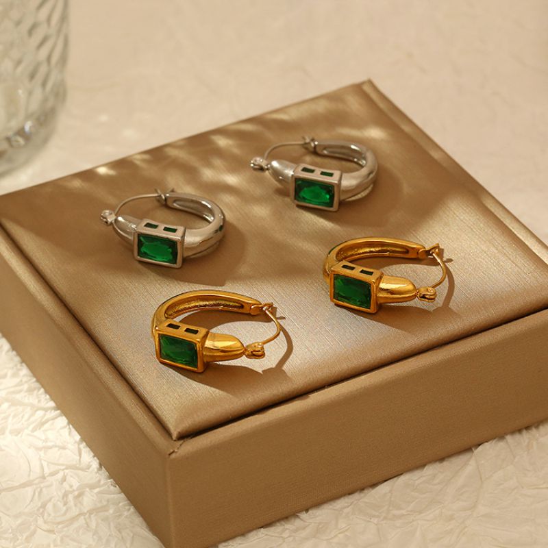 Fashion U-shaped Green Zirconia Stainless Steel Square Diamond Earrings