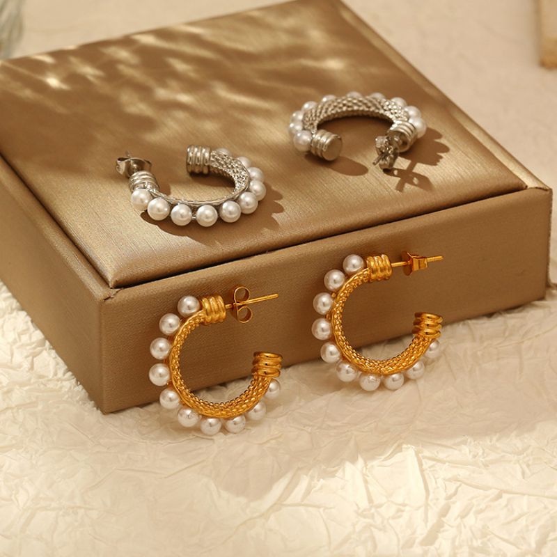 Fashion Gold Stainless Steel C-shaped Earrings With Pearls