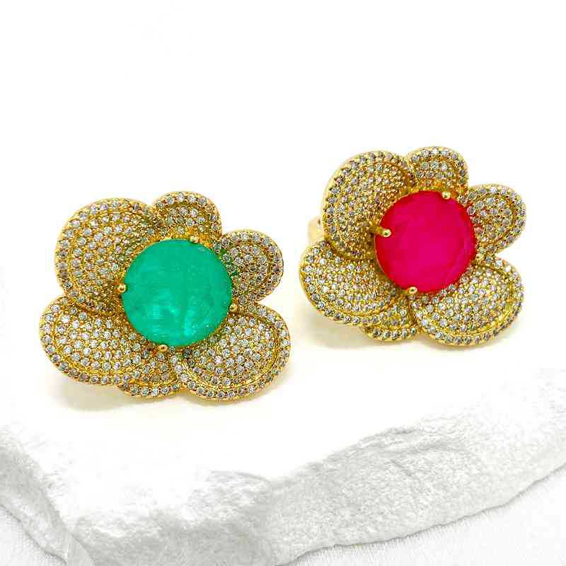 Anillo Abierto Flor Circonio Engastado Cobre