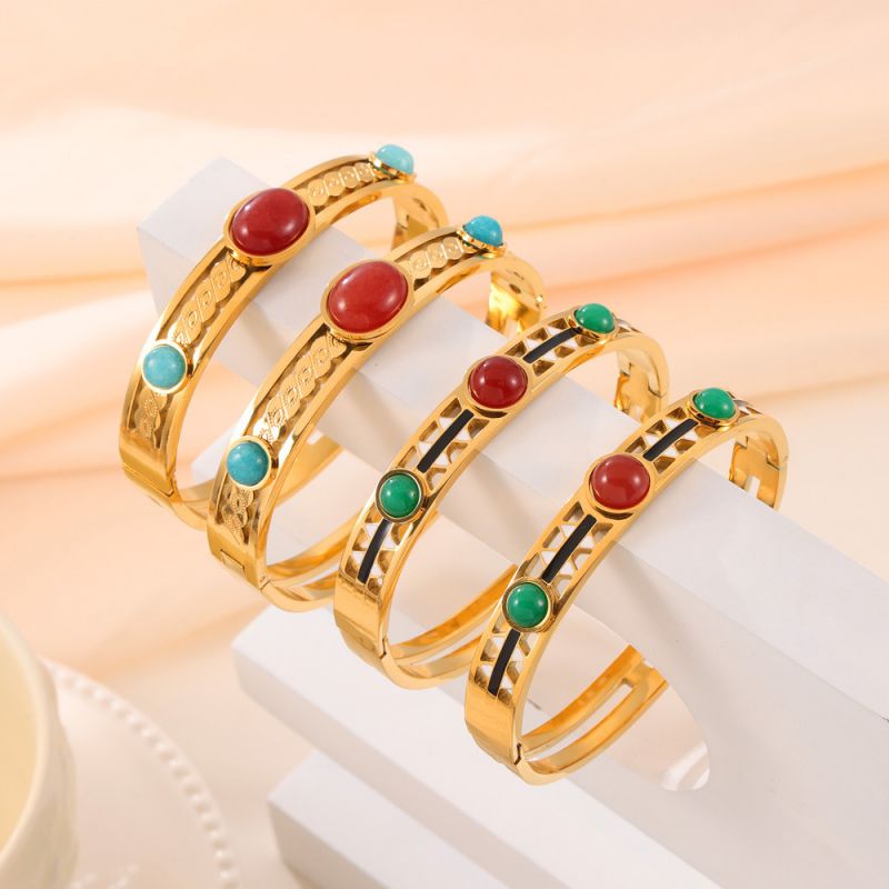 Pulsera Redonda De Ágata De Goteo De Aceite De Acero Titanio