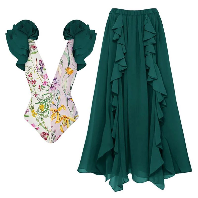 Fashion Green Skirt Polyester Pleated Skirt